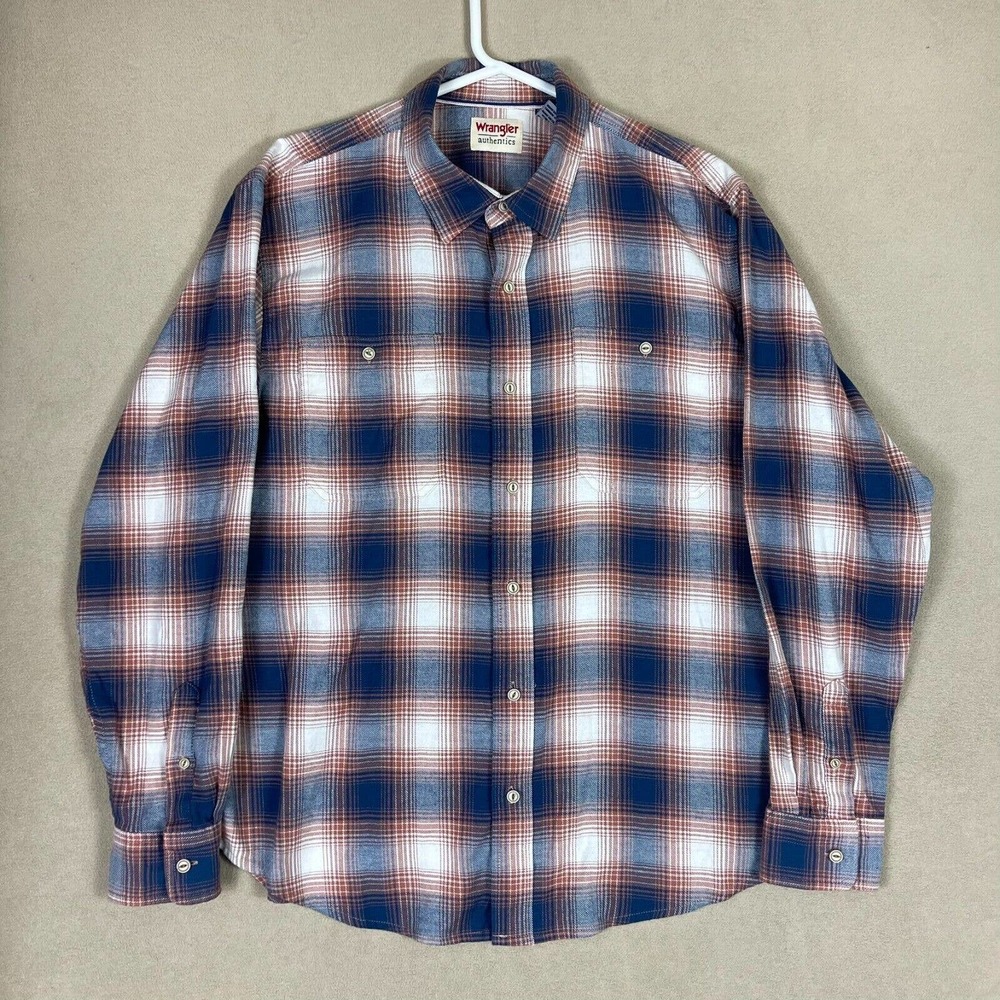 Wrangler Authentics Shirt Adult Extra Large Blue/Brown Plaid Western Flannel Men